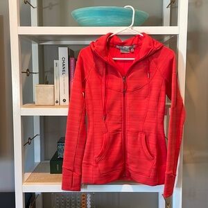 Athleta zip-up scuba hoodie in red.